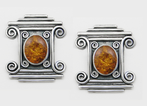 Sterling Silver And Amber Drop Dangle Earrings With an Art Deco Inspired Style